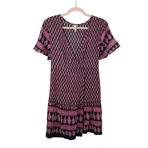 RAGA Avah Wrap Mini Dress Bohemian Pink Printed Dress Size Medium - Picture 2 of 7